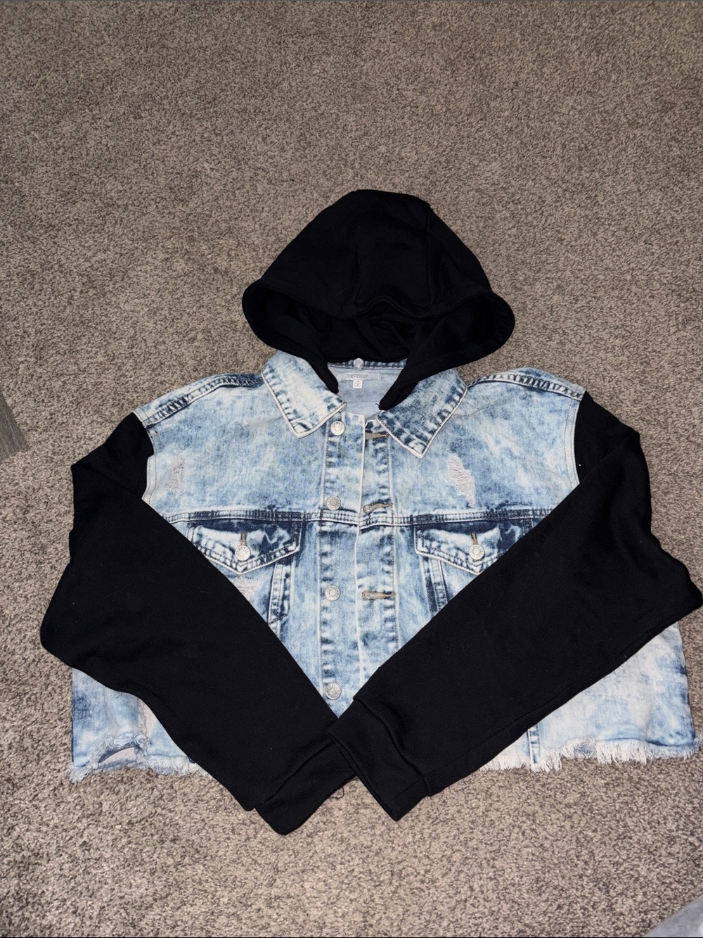 NWOT- Light Blue Denim Jacket with Black Hooded Sleeves
